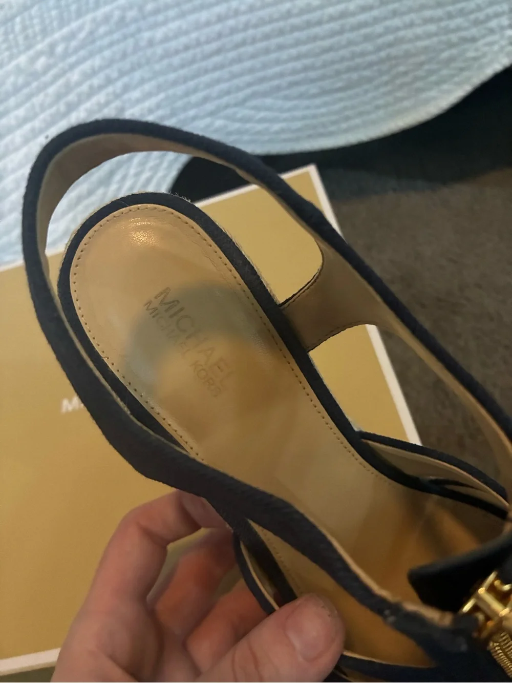 Michael Kors Navy Wedge Sandals with Gold Front Zip